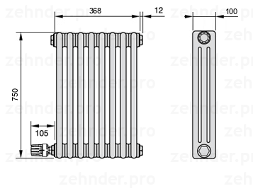 Схема (чертеж) Радиатор Zehnder Charleston 3075/8 №V004 Белый глянцевый RAL 9016